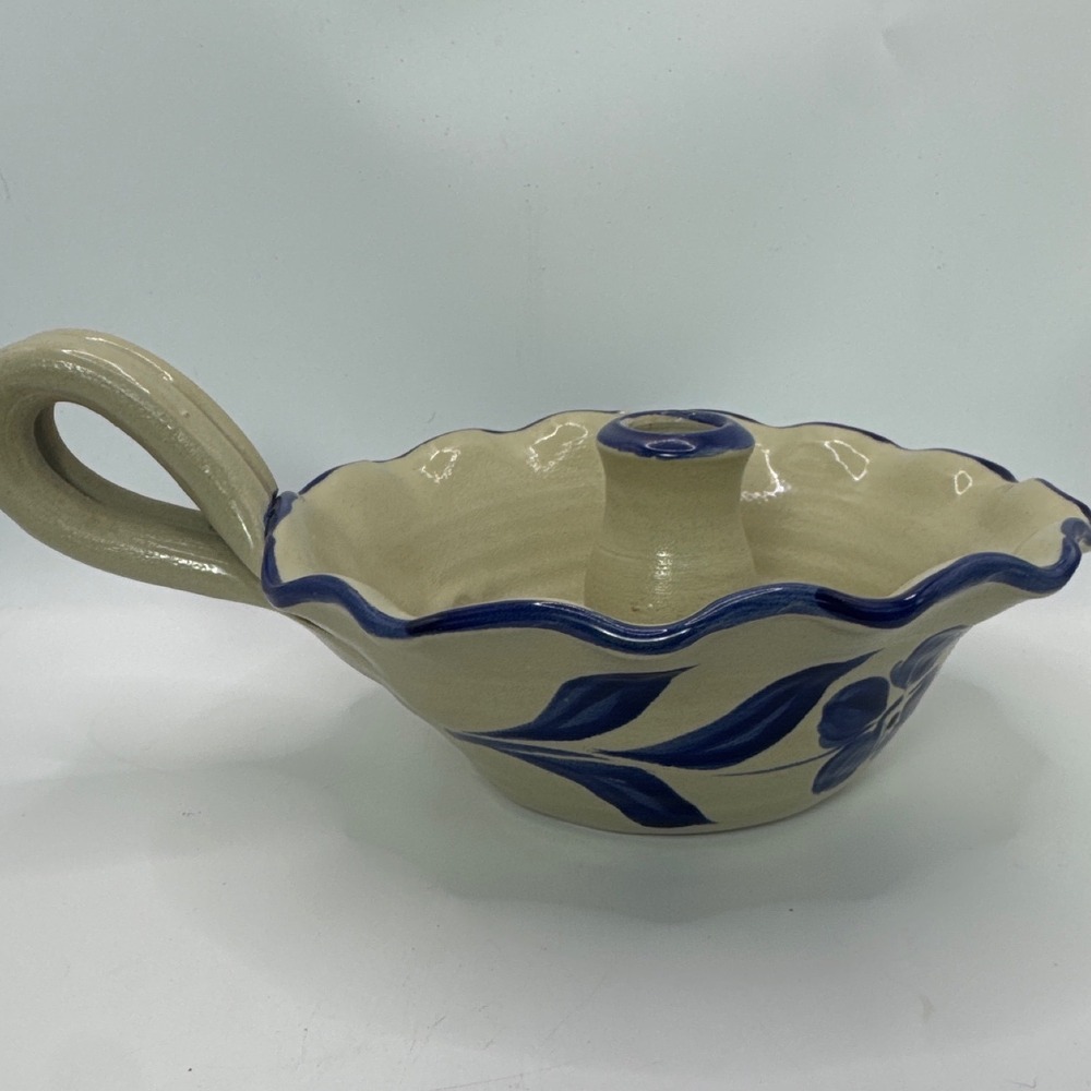 Williamsburg Pottery Salt Glaze Stoneware Chamberstick Candle Holder Blue Floral